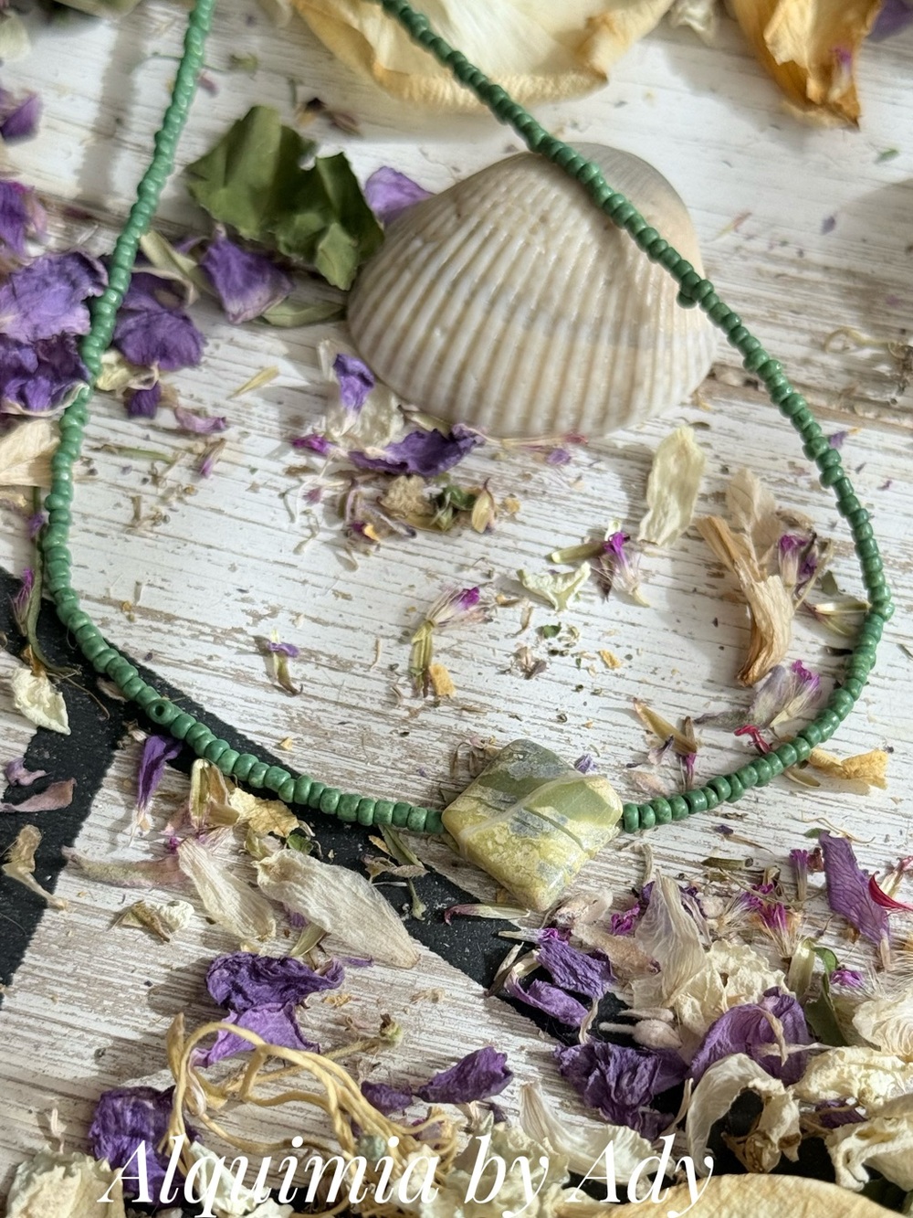 Olive Green Bead Necklace with green turquoise square Stone Pendant